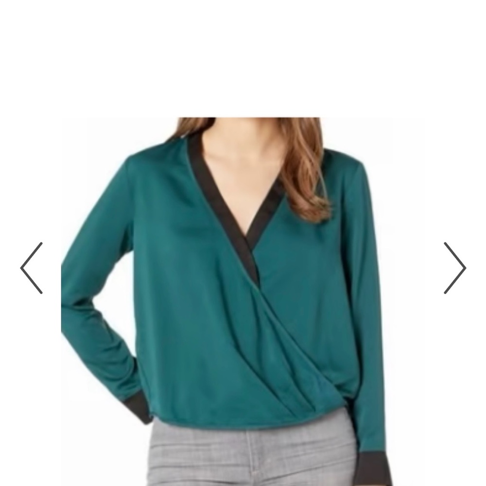 Teal Wrap Blouse with Black Trim